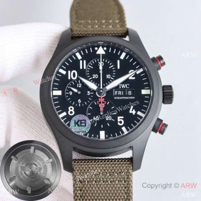 Swiss Grade 1 IWC Pilot's Chronograph Top Gun Black Ceramic Watch Military Green Strap